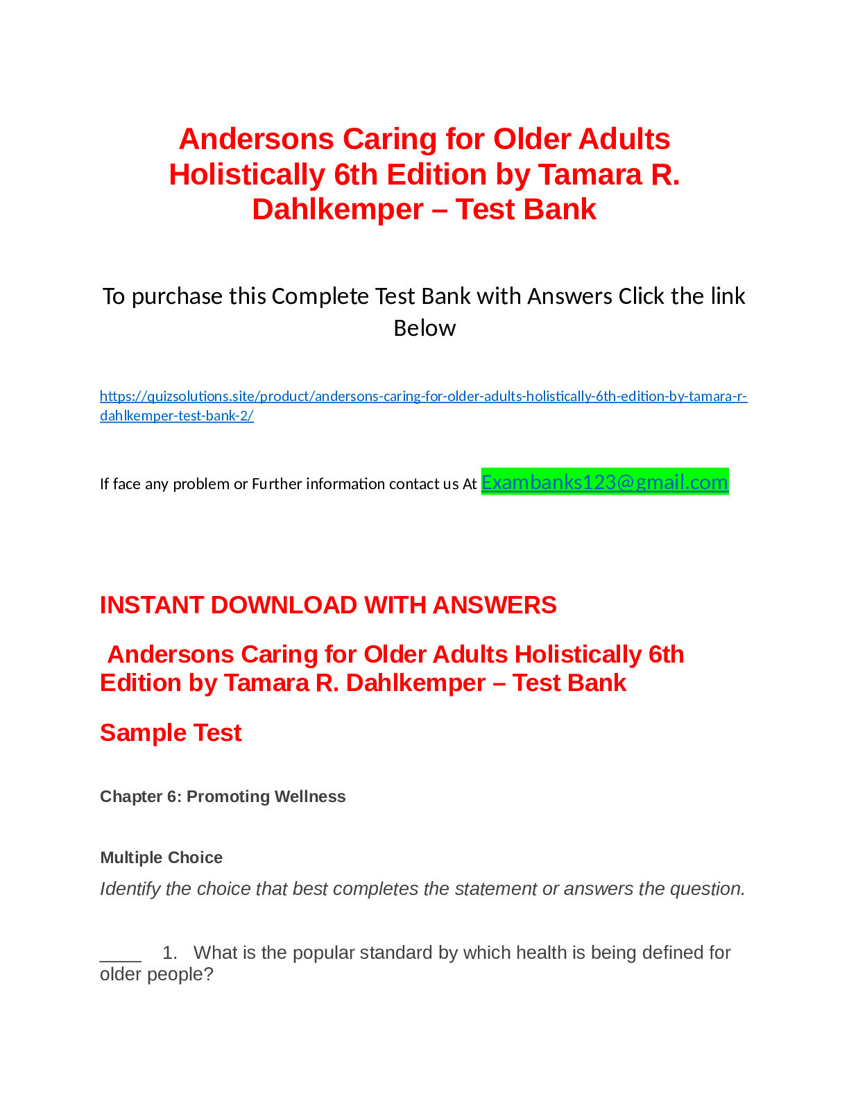 Andersons Caring for Older Adults Holistically 6th Edition by Tamara R. Dahlkemper - Test Bank