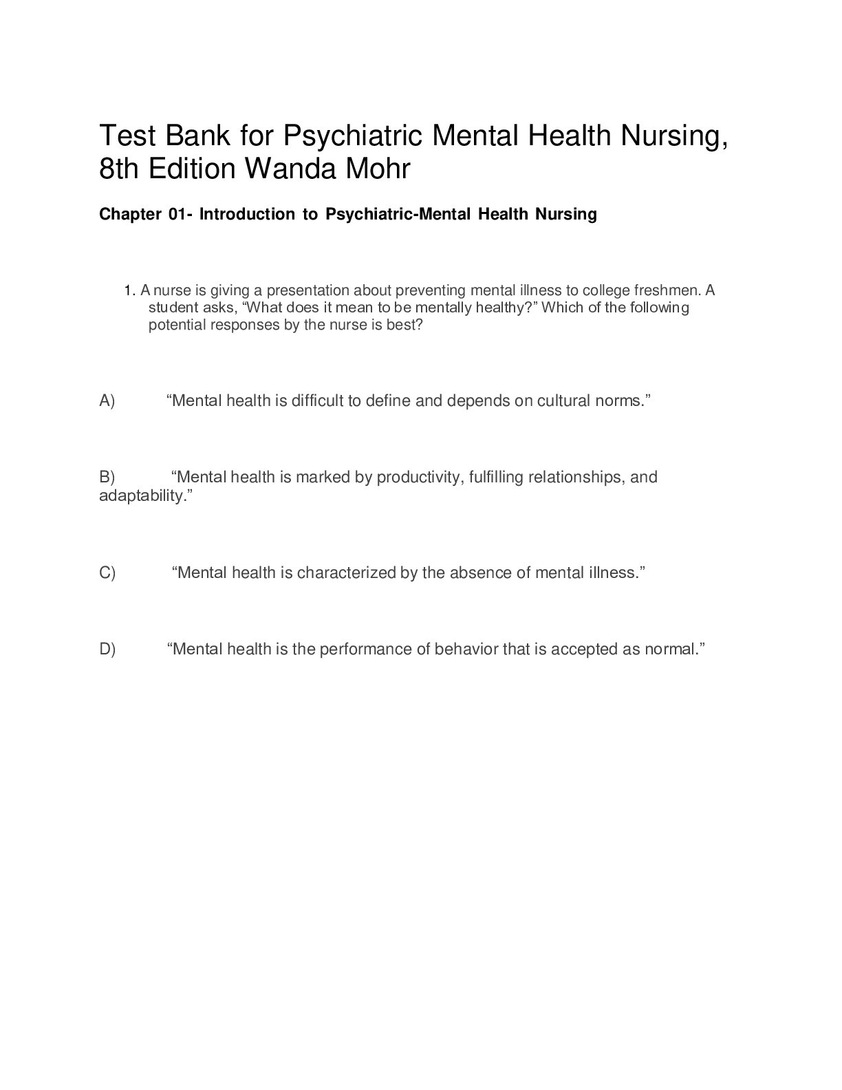 Test Bank for Psychiatric Mental Health Nursing, 8th Edition Wanda Mohr