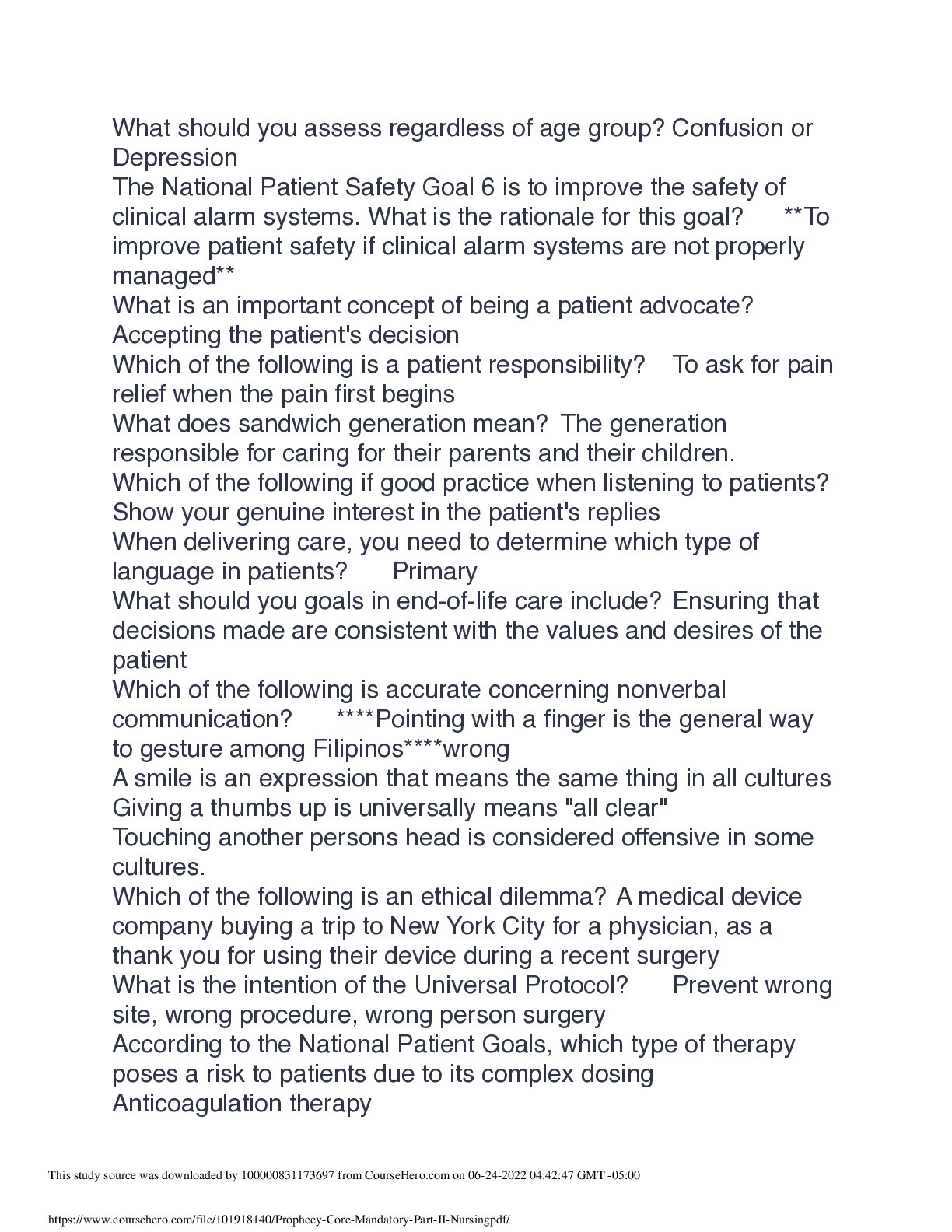NURSING 105-02Prophecy- Core Mandatory Part II (Nursing